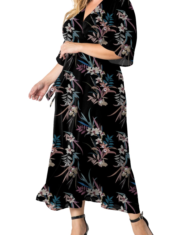 Front of a model wearing a size 1X Aubrey Kimono Wrap Maxi Dress in Black Tropical Floral by Standards & Practices. | dia_product_style_image_id:238725